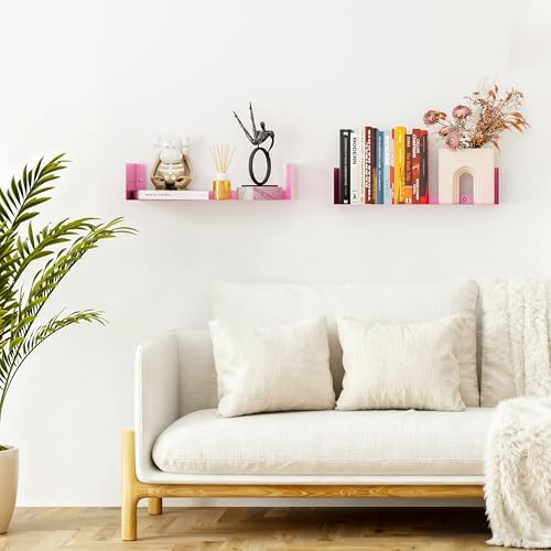 Metal Bali Floating Wall Girl's Bookshelf 15.5IN for Storage and Decor Wall Mounted CD DVD&Books Perfume, Make up Storage Shelves Living Room, Bedroom, Bathroom & Kitchen,2Pac,Pink - Image 2