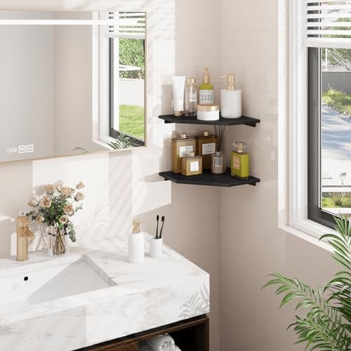 Homode Corner Shelf Wall Mount, Set of 2 Corner Floating Shelves with Wire Hole for TV, Cable Box, Wood Hanging Storage Shelf Organizer for Bathroom Kitchen Living Room Bedroom, Black - Image 2