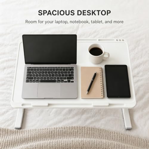 Foldable and Adjustable Laptop Bed Table with Hidden Drawer, Cup Holder, USB Voice-Controlled Night Light, White 23.6"x15.7", Suitable for Working, Gaming, and Other uses on Bed and Sofa - Image 7