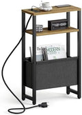 Narrow Side Table with Charging Station Slim End Table Sofa with Magazine Rack, Bedside Table for Small Spaces, 3 Tier Nightstand for Living Room Couch, Bedroom Walnut Brown LET503BRE by IRCPEN