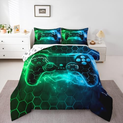 Feelyou Kids Boys Green Gamer Bedding Set Full Size, Honeycomb Gaming Comforter Set Lightning Gamepad Comforter Game Room Decor Duvet Set with 2 Pillow Case Room Quilt Set Bedding Collection - Image 4