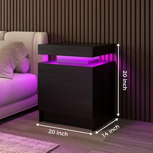 LED Nightstands Set of 2, Modern Black Night Stand End Tables with APP & Remote Control LED Lighting, 2 Drawers, Open Shelf Storage, Bedside Tables for Bedroom and Living Room - Image 2