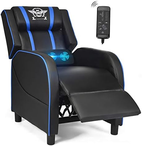POWERSTONE Gaming Recliner Chair, Reclining Gaming Chairs for Adults Ergonomic Leather Sofa with Footrest Lumbar Support Headrest and Side Pouch for Living Room Home Theater, Blue by POWERSTONE%C2%AE