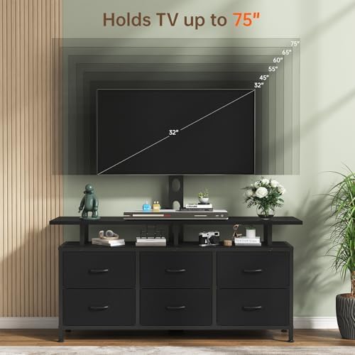 Black TV Stand with Mount for 32/45/55/60/65/75 inch TVs, Entertainment Center with 6 Fabric Drawers & Open Shelf, TV Media Console for Living Room, Bedroom - Image 3