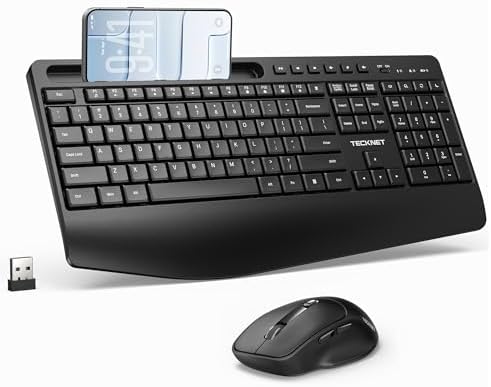 TECKNET Wireless Keyboard and Mouse Combo, Full Size Ergonomic Keyboard and Mouse with Wrist Rest & Phone Tablet Holder, Sleep Mode, 2.4G Lag-Free Cordless Silent Computer Mouse for Laptop PC Windows by Tecknet
