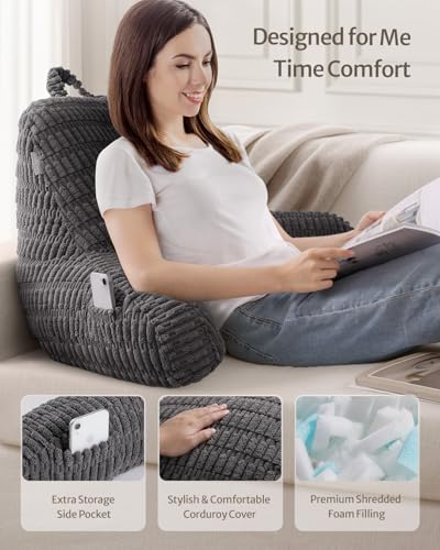 Blissful Diary Reading Pillow, Large Backrest Pillow with Shredded Memory Foam for Adult & Children, Designed for Bed and Couch Sitting Up, Includes Arms, Pockets and Washable Cover, Dark Gray - Image 4