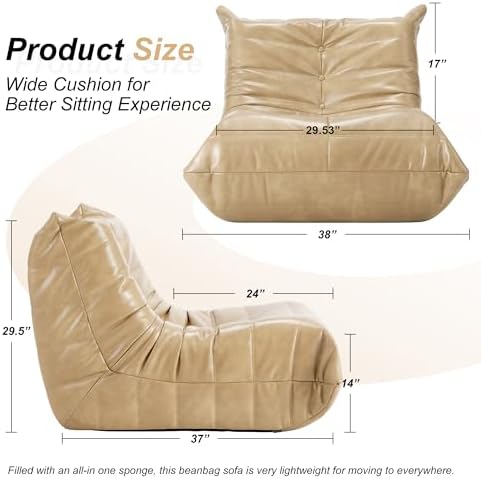 Hobestluk Bean Bag Chair Leather Togo Chair Memory Foam Living Room Adult | Medium Black,Ergonomic Design,Floor Chair,Waterproof,Easy Clean,Anti-slip Bottom,No Assembly Required,For Bedroom Reading - Image 2
