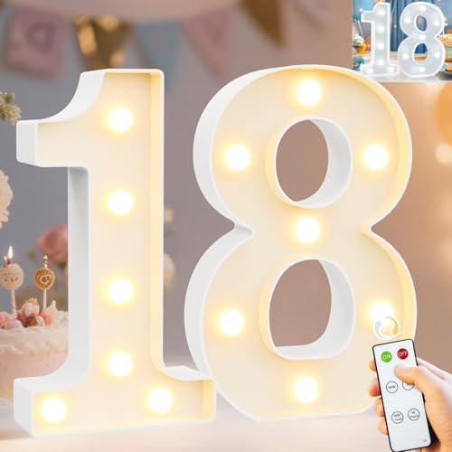 Pooqla 18th Birthday Decorations for Girls Boys, Decorative Marquee Numbers with Remote, Light Up 18 Sign for Party Backdrop 18th Wedding Anniversary Decor, Warm White and Cool White Number 18 by Pooqla