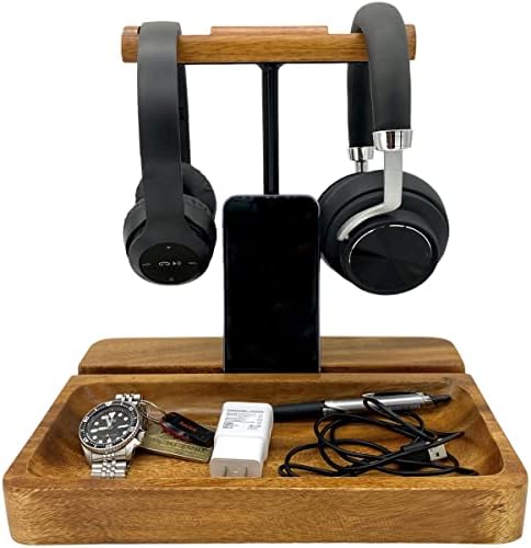 Dual Headphone Stand, Acacia Wood Holder for 2 Headsets, Phone & Tablet by Wrightmart