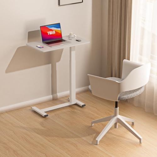 Ywin Hospital Bedside Table with Wheels, Pneumatic Lift, White - Image 2