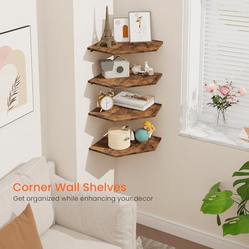 Homode Corner Shelf Wall Mount, Set of 4 Floating Corner Shelves with Cord Hole for Cable Box, Wood Corner Hanging Shelves for Bathroom Bedroom Kitchen, Rustic Brown - Image 4