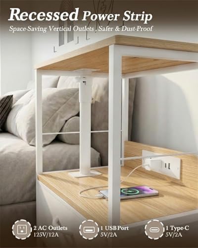 Faesun Swivel Lift Top Nightstand with Charging Station, Rolling Side Table for Recliner, Bedside Table with Wheels & 2 Fabric Drawers, for Small Spaces, for Bedroom, Living Room, Oak White - Image 4