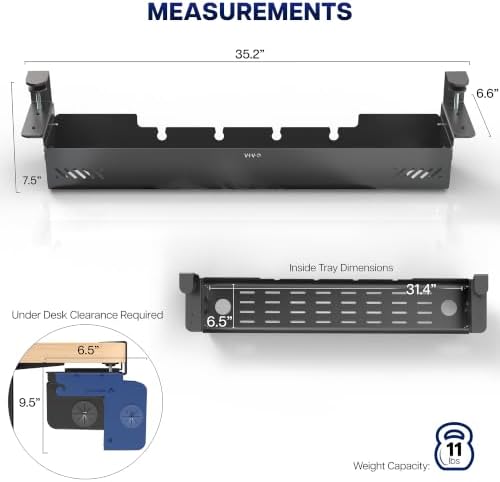 VIVO No Drill 35 inch Under-Desk Clamp-On Cable Management Box with Flip-Open Lid, Easy-to-Open Steel Cord and Power Strip Organizer, Cable Organizer Tray, 11 lbs Capacity, Black, DESK-ACMB35-C - Image 4