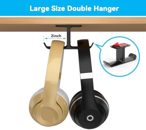 1Pack Double Headphone Hanger, Under Desk Adhesive Mount, Black - Image 2
