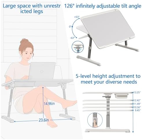 Potuopy Adjustable Lap Desk,Large Smooth Easy-Clean Wood Grain Desktop,Foldable Laptop Bed Tray Table with Storage Drawer,Portable Laptop Stand Fits 17" Laptop for Bed Couch Floor (Light Gray) - Image 3