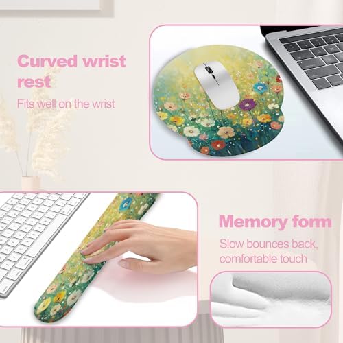 Flower Daisy Poppy Floral Keyboard Wrist Rest Pad Mouse Pad Set,Ergonomic Mousepad Wrist Support Memory Foam Desk Pad for Gaming Office,Non-Slip Rubber Base Easy Typing for Home Office Computers - Image 4