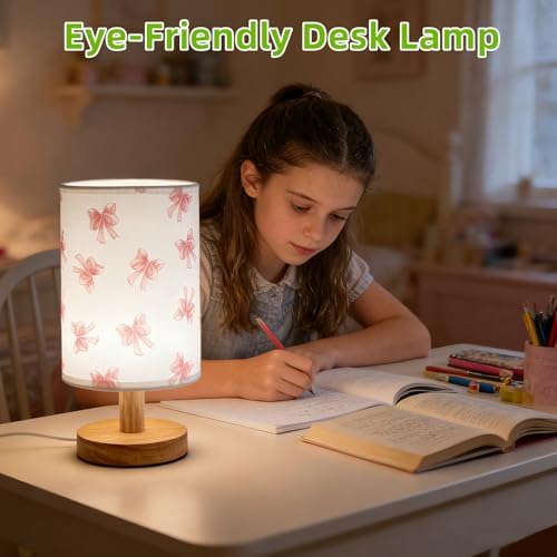 Pink Bow Bedside Table Lamp for Bedroom,Kids Room Decorative Lights 3 Colors Dimmable Nightstand Night Light with Flaxen Fabric Shade Desk Lamp for Girls Boys Birthday Gifts for Home Living room Decor - Image 5