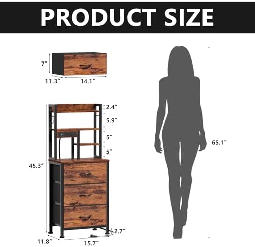 Furnulem Tall Nightstand, 45.3" Bedside Table & End Table, 3 Fabric Drawers - Image 3