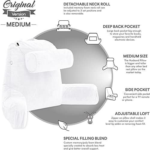 Husband Pillow Medium Reading Pillow with Arms - 23" Backrest for Sitting Up in Bed - Firm Support Bed Rest Pillow for Adults, Neck Roll, Removable Cover - TV, Reading, Lounging - White - Image 5