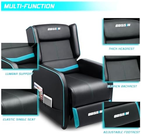 BOSSIN Gaming Recliner Chair for Adults 400lbs Racing Style Sofa Big and Tall PU Leather Recliner Seating, Modern Ergonomic Lounge Comfortable Home Movie Theater for Living Room(Cyan) - Image 6