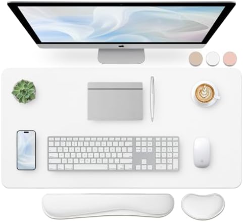 Bloss Leather Desk Pad and Keyboard Wrist Rest, Large Mouse Pad + Keyboard Pad+Mouse Wrist Support, Non-Slip Desk Mat Protector for Office, Home(31.5×15.7 Inches,White) by Bloss