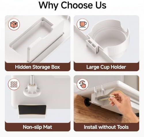 COOL-ANGLE Bedside Shelf, Hidden Storage, Cup Holder, White - Image 4