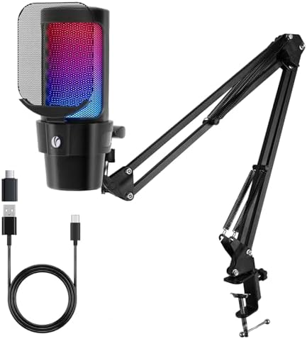 VCOM Gaming USB Microphone,Condenser Dynamic Boom Arm Mic for Podcasting,Streaming, with Boom Arm Stand,Quick Mute,Pop Filter,RGB Indicator,Shock Mount,Rotate gain Button, Compatible with PS4/5/PC by VCOM