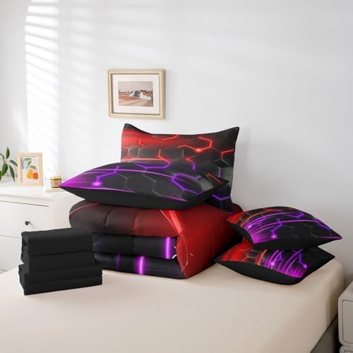 Feelyou Honeycomb Bedding Set Geometrical King Comforter Set with Sheets for Kids Boys Girls Teens Room Decor Modern Hexagon Theme Bed in a Bag 7 Piece Beehive Red Purple Bed Set - Image 6