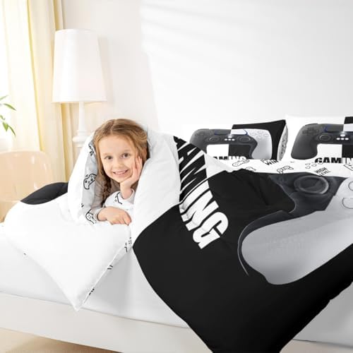 Feelyou Kids Video Games Comforter Set Gaming Reversible Bedding Set for Child Boys Girls Gamepad Comforter Modern Gamer Action Buttons White Black Design Quilt Set Bedroom Collection 3Pcs Queen Size - Image 7