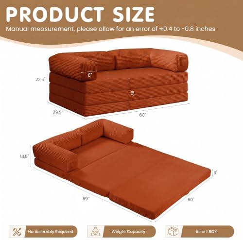 Convertible Sofa Bed Queen,5-in-1 Boneless Couch with Removable Armrests & Handle,Corduroy Futon Sleeper Sofa,Floor Folding Mattress Pull Out Bed for Small Space Apartment Living Room Bedroom,Orange - Image 2
