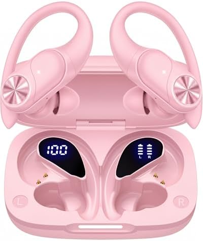 PocBuds Bluetooth Headphones Wireless Earbuds 80hrs Playtime Wireless Charging Case Digital Display Sports Ear Buds with Earhook Deep Bass IPX7 Waterproof Over-Ear Earphones for TV Phone Laptop Pink by PocBuds