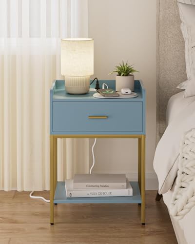 Masupu Nightstand with Charging Station,3-Tier Modern Bedside Night Stand with Storage Drawer and Shelf,Small End Side Table for Bedroom,Living Room,Gold and Blue - Image 3
