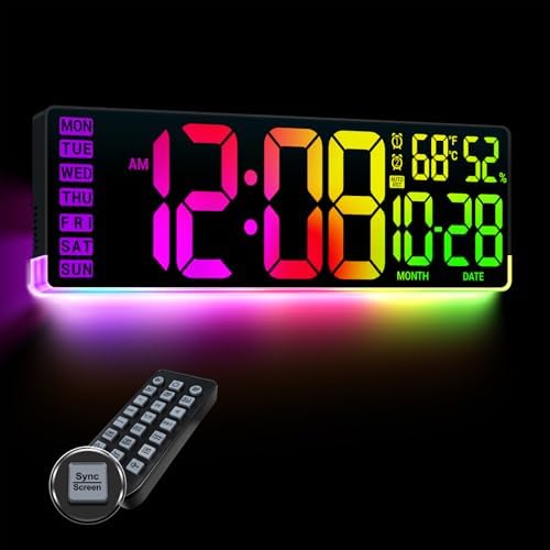 16.5" Large Digital Wall Clock for Classroom, Sync Screen RGB Backlight by Nurforta