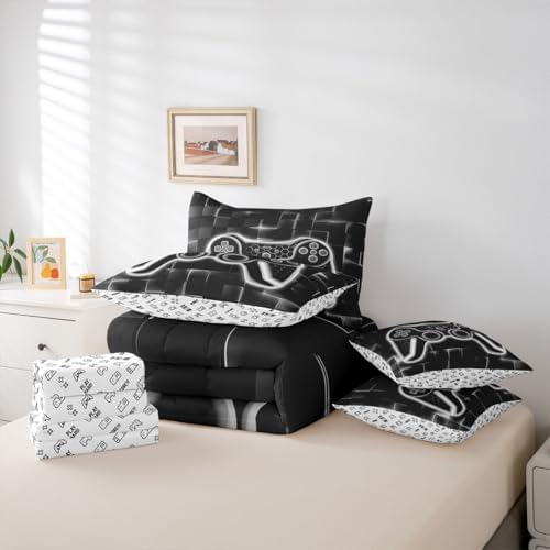 Feelyou Kids Gamer Queen Comforter Set with Sheets 7 Piece Grey and Black Bedding Set for Boys Teens Decor Gaming Ombre Bed in a Bag Geometric Square Bed Set - Image 5