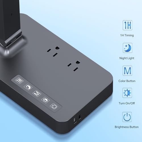 LED Desk Lamp with Power Strip: Table Lamp with Charging Station - 2 Outlets 1 USB-A Ports 1 Type-C Ports, Surge Protection, 5 Color Modes 5 Brightness for Home Office, College Dorm Room Essentials - Image 3