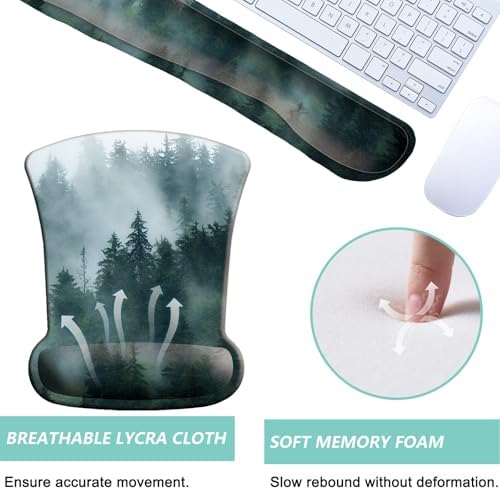 Keyboard Wrist Rest Pad Mouse Pad with Wrist Support Set of 3, Gaming Mousepad with Non-Slip Rubber Base, Ergonomic Memory Foam Mouse Cushion Support for Home Office Laptop Computer, Forest - Image 3