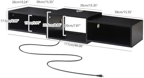 IBUYKE Floating TV Stand Wall Mounted with Power Outlet,Modern Wood Wall Mounted Media Console Shelf,Floating Entertainment Center for Under TV Storage for Living Room Bedroom Office,Black WST001B- - Image 3