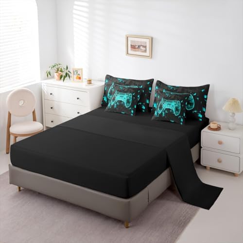 Erosebridal Video Games Bedding Set Queen 7 Piece,Modern Gamer Comforter Set with Sheets | Gamepad Bed in A Bag for Kids Boys Teens Bedroom, Player Gaming Console Bed Sets, Teal Black - Image 4