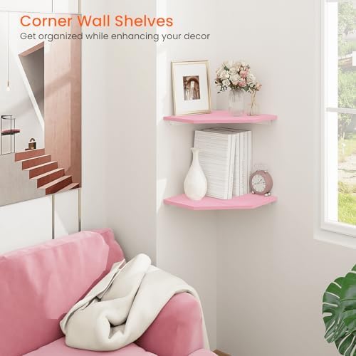 Homode Corner Floating Shelves, Corner Wall Shelf with Cord Hole, 2 Tier Wood Hanging Corner Shelf for Bathroom, Bedroom, Living Room, Pink - Image 2