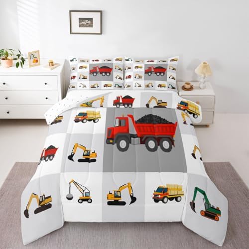 Boys Red Construction Bedding Set Cartoon Excavator Comforter Set for Kids Boys Tractor Truck Car Duvet Set Vehicles Comforter 1 Comforter Set with 2 Pillowcases Full Size Boys by Feelyou