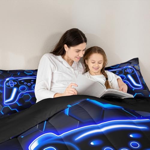 Erosebridal Gaming Comforter Set Neon Honeycomb Gamer Girl Toddler Bedding Set, Retro Game Console Comforter Blue Hexagon Lights Quilt,Gamer Room Decor for Boys - Image 4