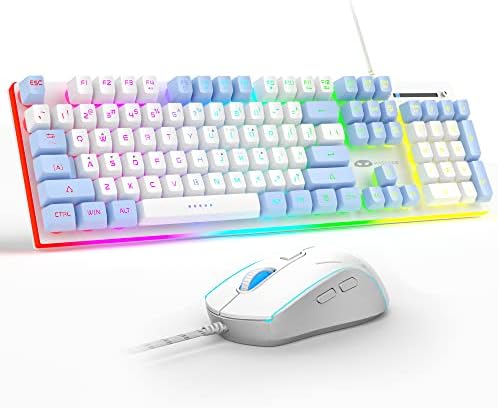 MageGee GT838 Gaming Keyboard and Mouse Combo, 104 Keys RGB Backlit Quiet Wired Keyboards for Laptop PC MAC, with Number Pad, Metal Panel, Anti-Ghosting, White Blue by MageGee