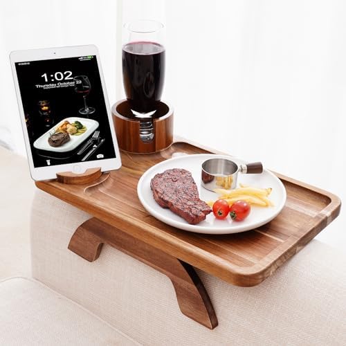 Nnewvante 2 Pack Couch Armrest Table, Acacia Wood Sofa Arm Clip On Tray - Image 5