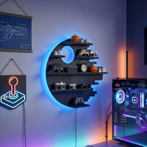 Black Floating Shelves with LED Light Game Room Wall Decor Shelf Boys Gift - Image 6