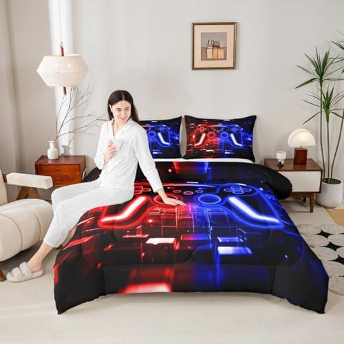Gamer Comforter Set Gaming King Bedding Set, Neon Lights Video Game Console Comforter Red Blue Brick Cube Duvet Insert,Gaming Room Decor for Boys - Image 3