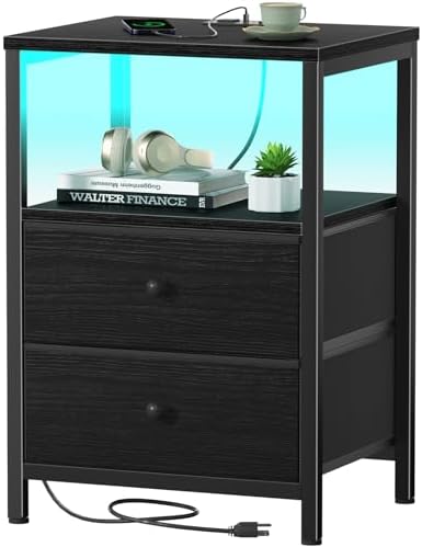 BOLUO Black Nightstand with Charging Station, LED Night Stand with 2 Fabric Drawers, Bedside Table with USB Ports and Outlets, Nightstand for Bedroom Modern by BOLUO