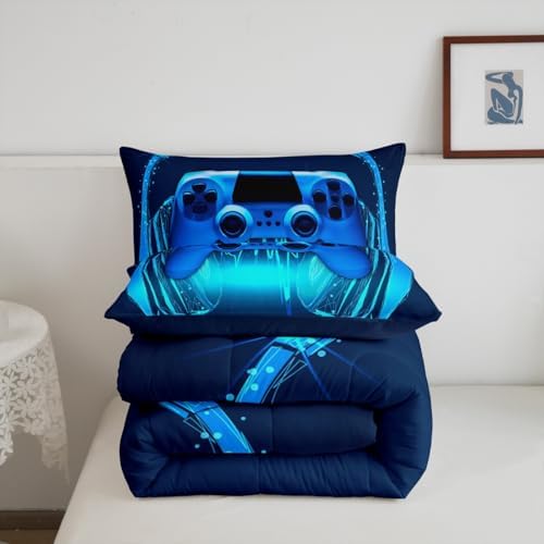 Gamer Comforter Set King Size,Blue Headphones Musical Design Games Gamepad Bedding Set for Kids Boys Video Game Room Decor Retro Playing Gamer Down Comforter Gaming Controller Quilted Duvet Set - Image 3