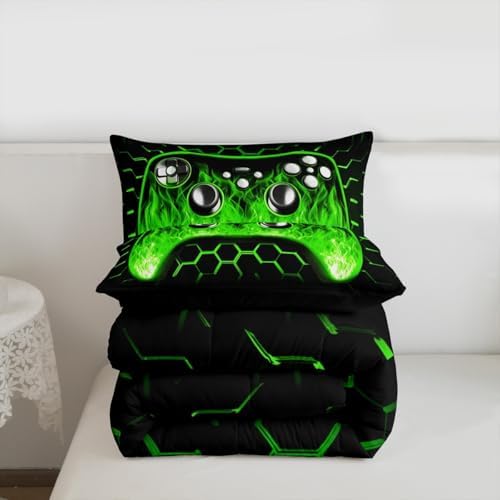 Erosebridal Honeycomb Gamer Boys Bedding Comforter Sets Green Neon Lights Game Console King Size Comforter Set Ombre Art Geometric Hexagon Beehive Bed Set Gaming Decor for Boys Bedroom Decor - Image 7