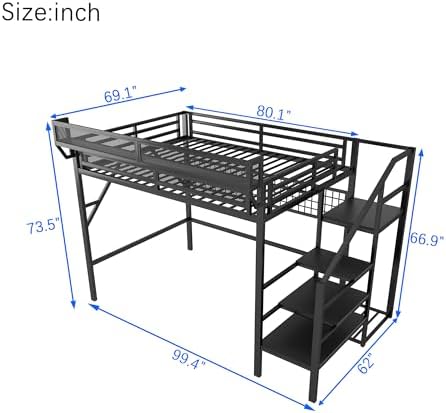 KEIKI Queen Size Metal Loft Bed Frame with Grid & Staircase & Built-in Storage Shelves & Wardrobe, Loft Bed with Solid Slats & Guardrail, No Box Spring Required, Easy Assembly, for Bedroom, Black - Image 2