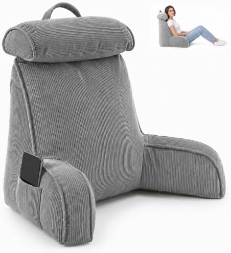 Reading Pillow for Bed with Detachable Neck Roll and Shredded Memory Foam, Back Pillow with Arms for Sitting Up, Washable Bed Rest Pillow with Side Pocket for Gaming, Sofa, Dorm - Light Gray by Unknown